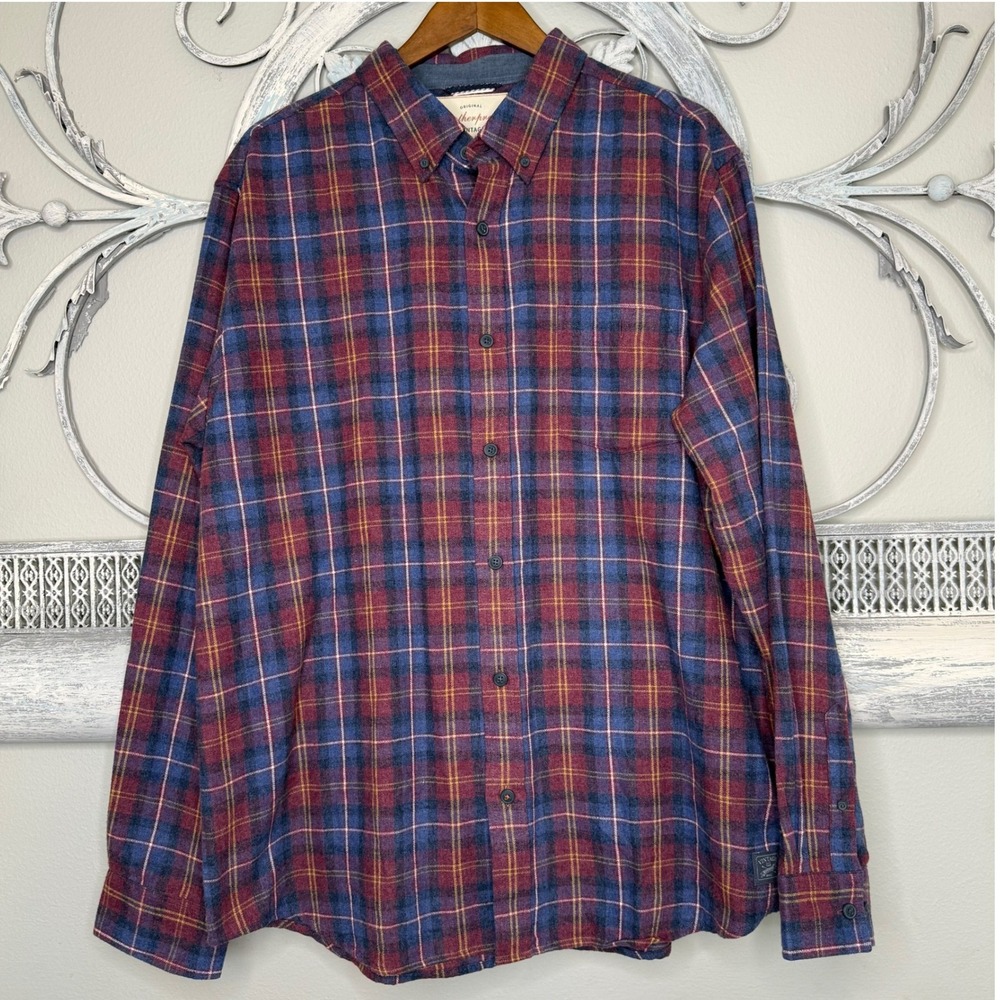 Weatherproof Vintage Mens XL Plaid Flannel Button Down Shirt Burgundy Navy Blue